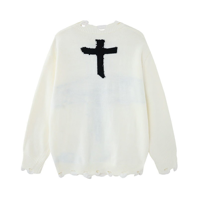 Oversize-Kreuz-Strickpullover – Distressed-Rundhals mit Jacquard-Kreuz