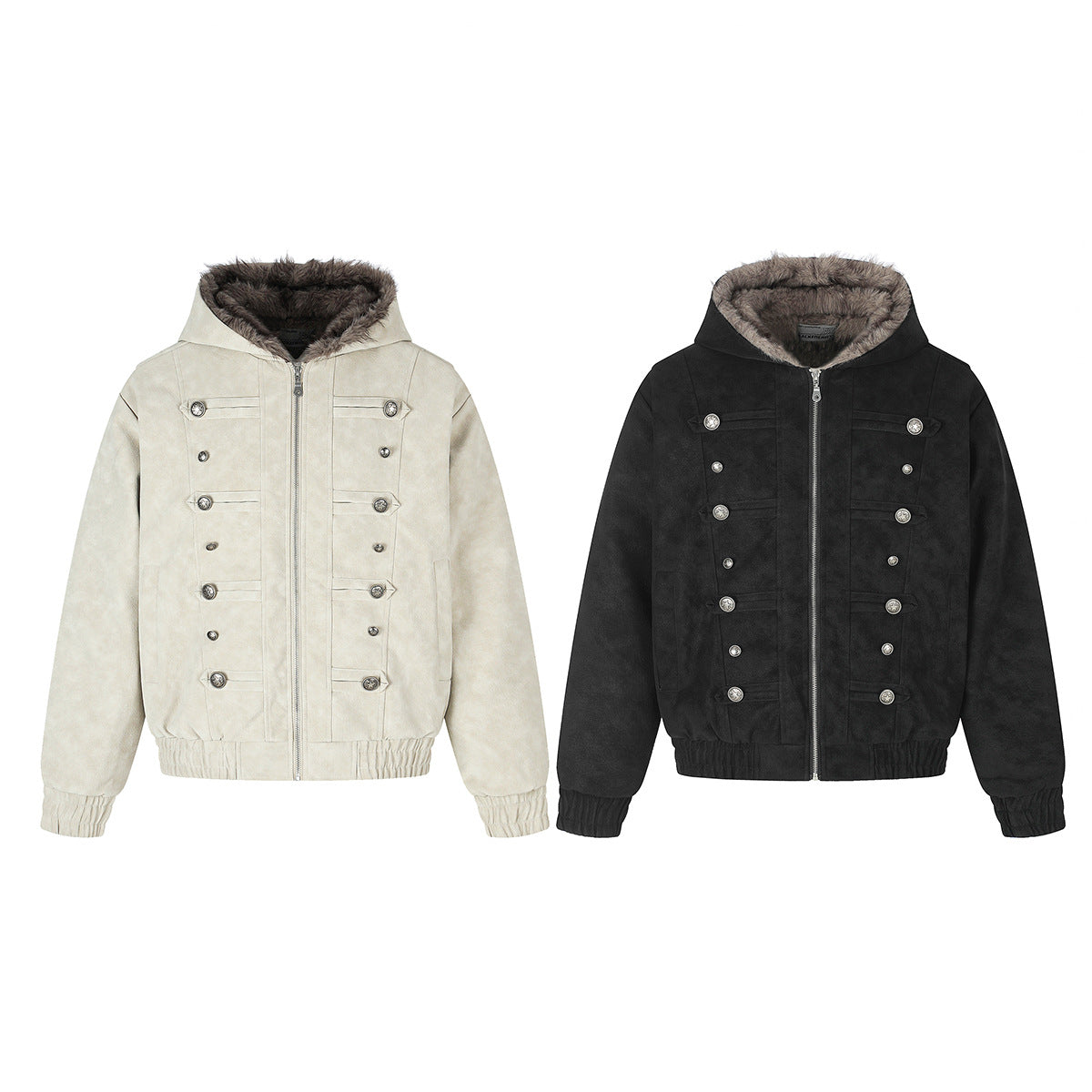 Military Button Bomber Jacket with Faux Fur Hood