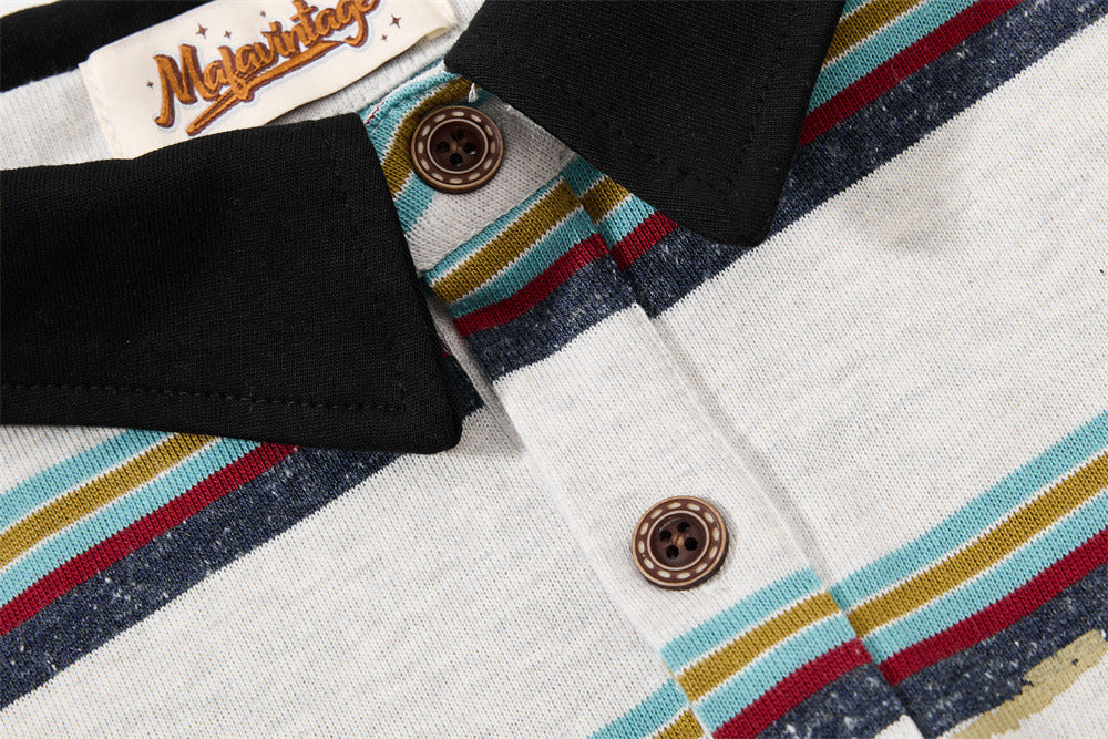 Striped Faux Two-Piece Long Sleeve Polo Shirt – Relaxed Fit with Layered Look