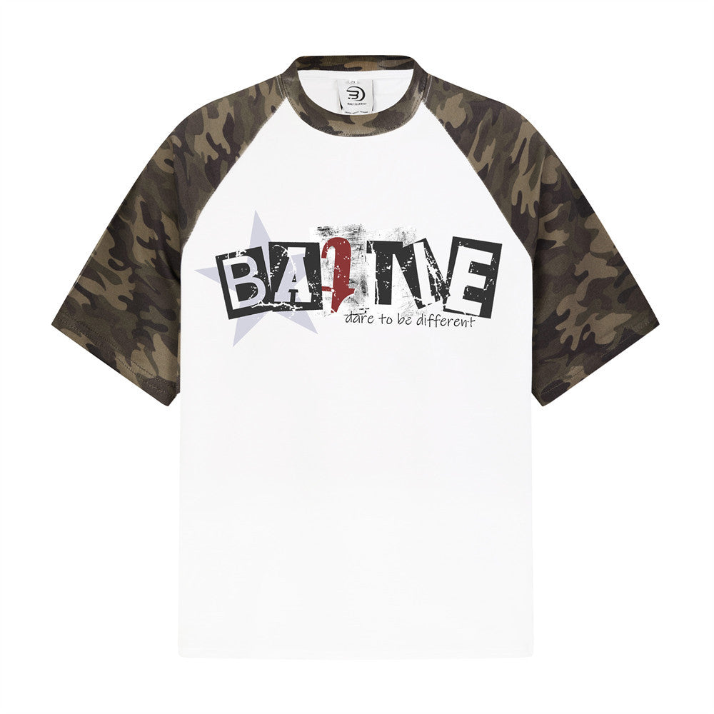 BATTLE graphic camo raglan sleeve oversized t-shirt in white and black with distressed star print