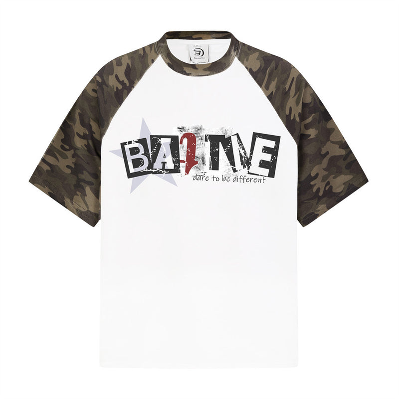 BATTLE graphic camo raglan sleeve oversized t-shirt in white and black with distressed star print