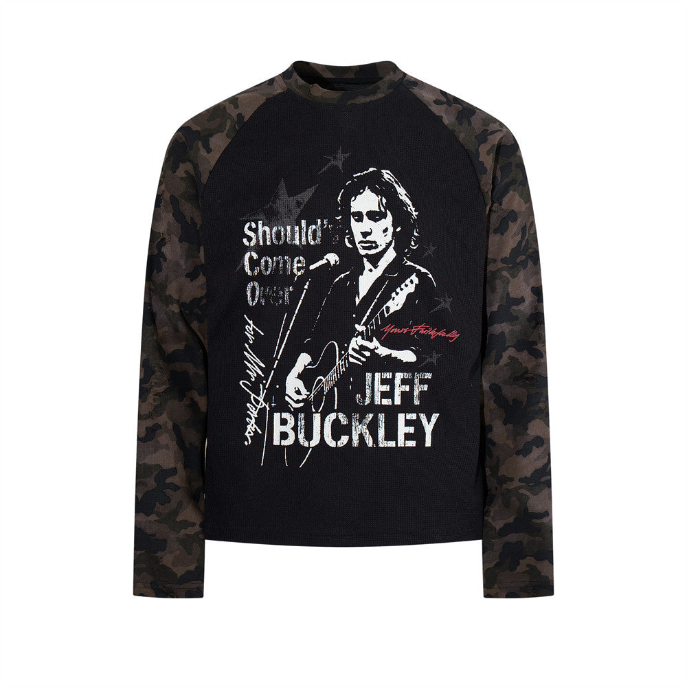 Jeff Buckley graphic long sleeve thermal raglan shirt with dark camouflage sleeves and waffle-knit black body, front and back