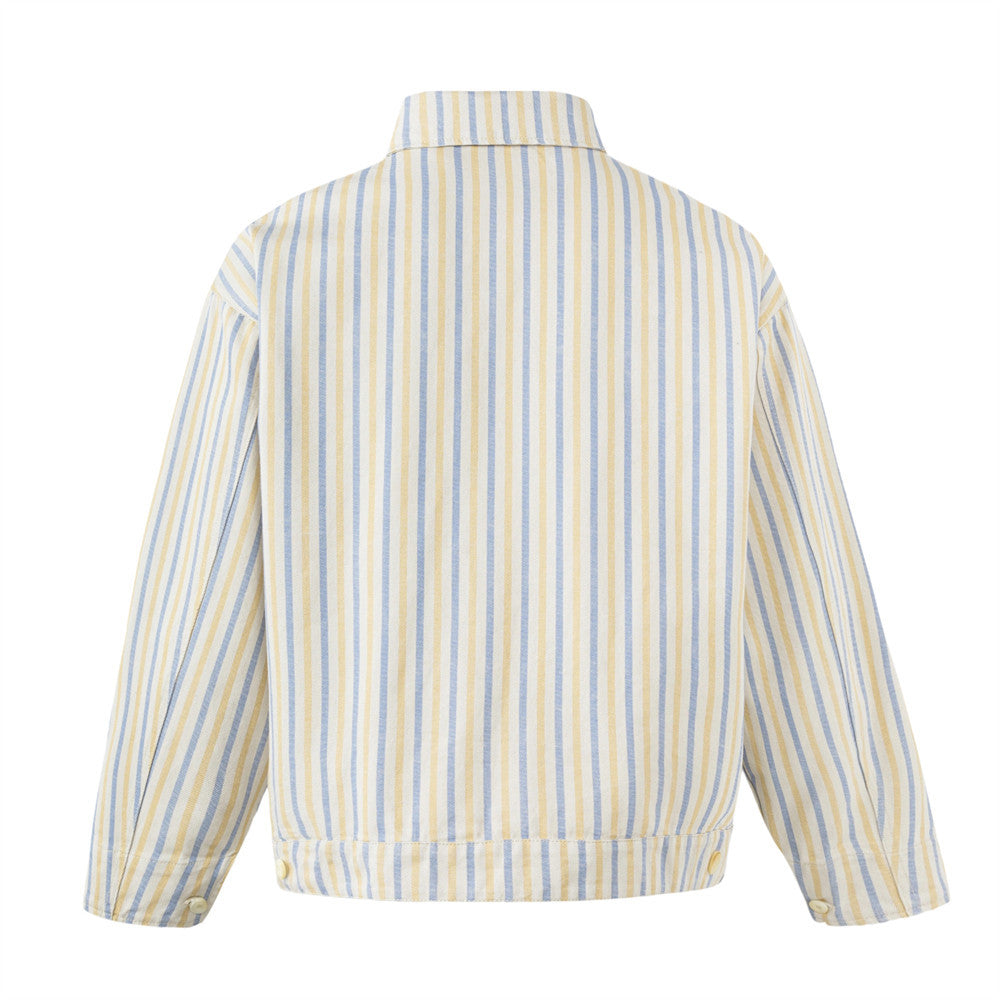 Striped Zip-Up Workwear Jacket – Relaxed Fit Retro Shirt Collar Outerwear