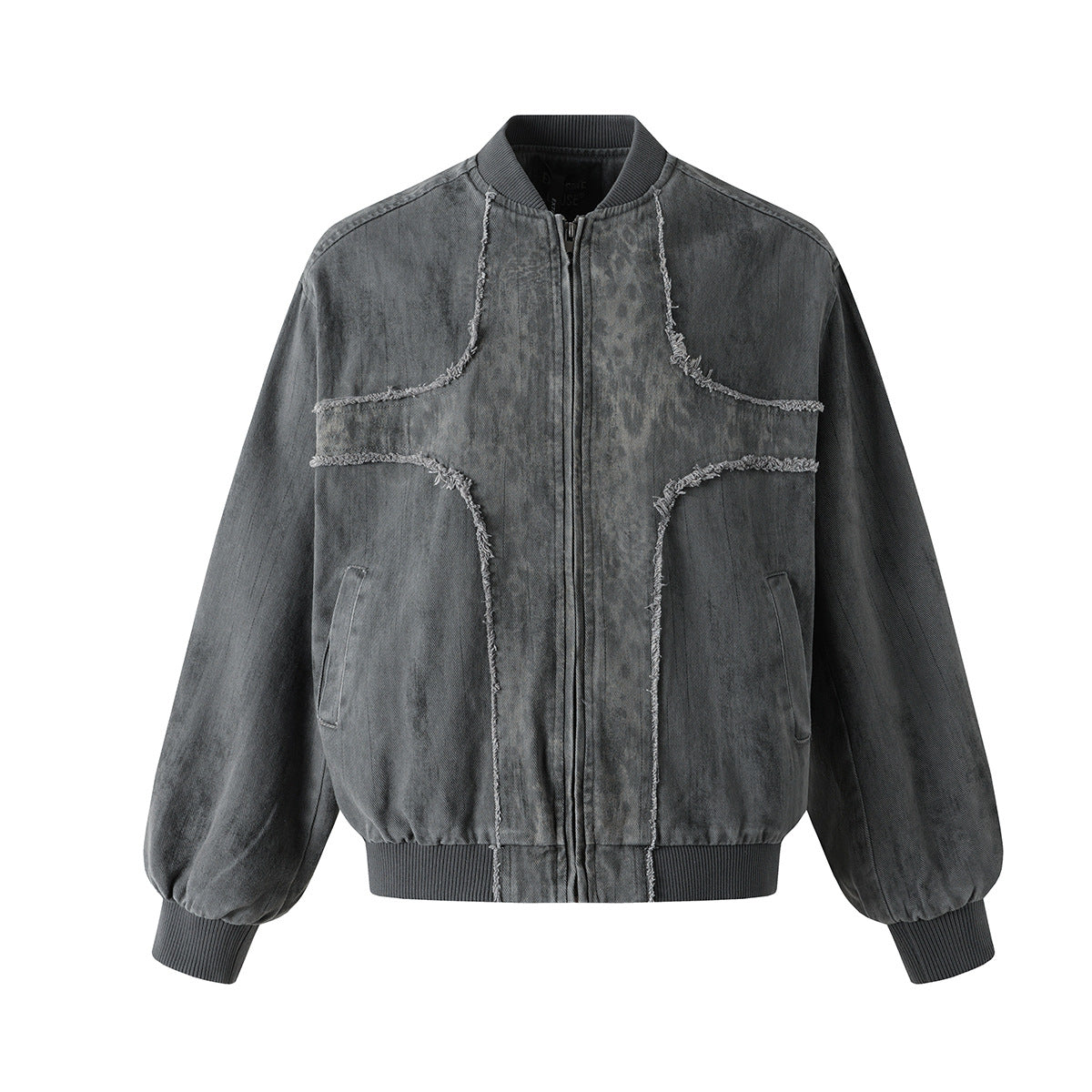 Bomber en denim délavé déconstruit à empiècements en croix et coutures effilochées, gris délavé, vue de face