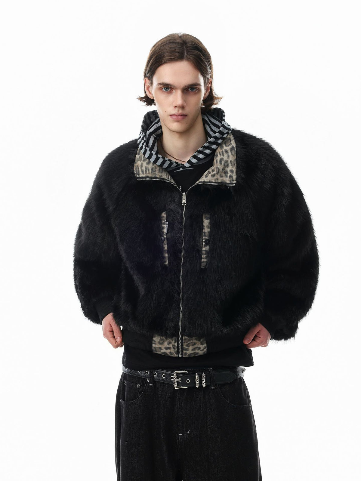 Reversible Faux Fur & Leopard Print Bomber Jacket – Oversized Retro American