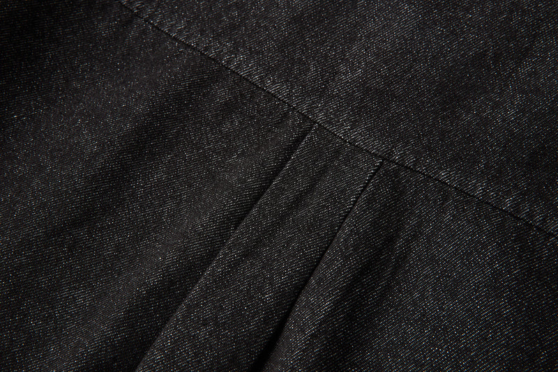 Deconstructed Black Denim Jacket – Asymmetric Button Closure & Stand Collar