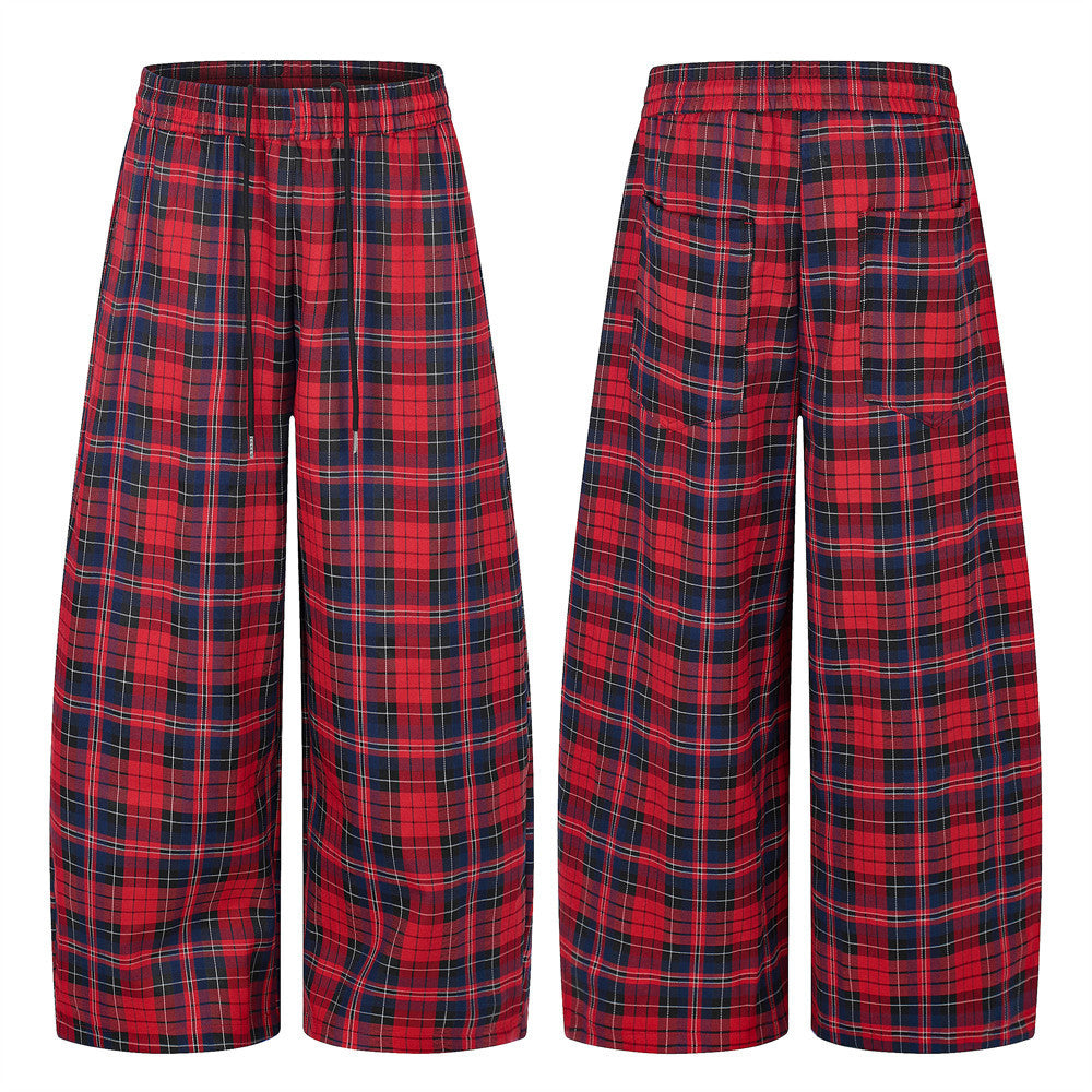 Karierte Hose mit weitem Bein im roten Tartan-Muster, elastischem Bund mit Kordelzug, Vorder- und Rückansicht