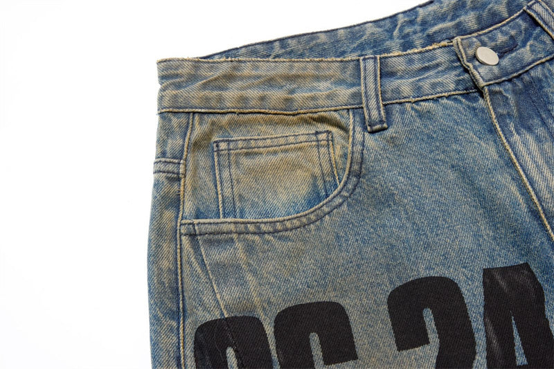 Men's Loose Fit Jeans Vintage Number Print Straight-Leg Baggy Denim Pants