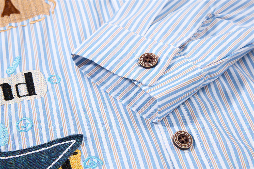 Blue Striped Button-Down Shirt with Beach Embroidery & Denim Collar