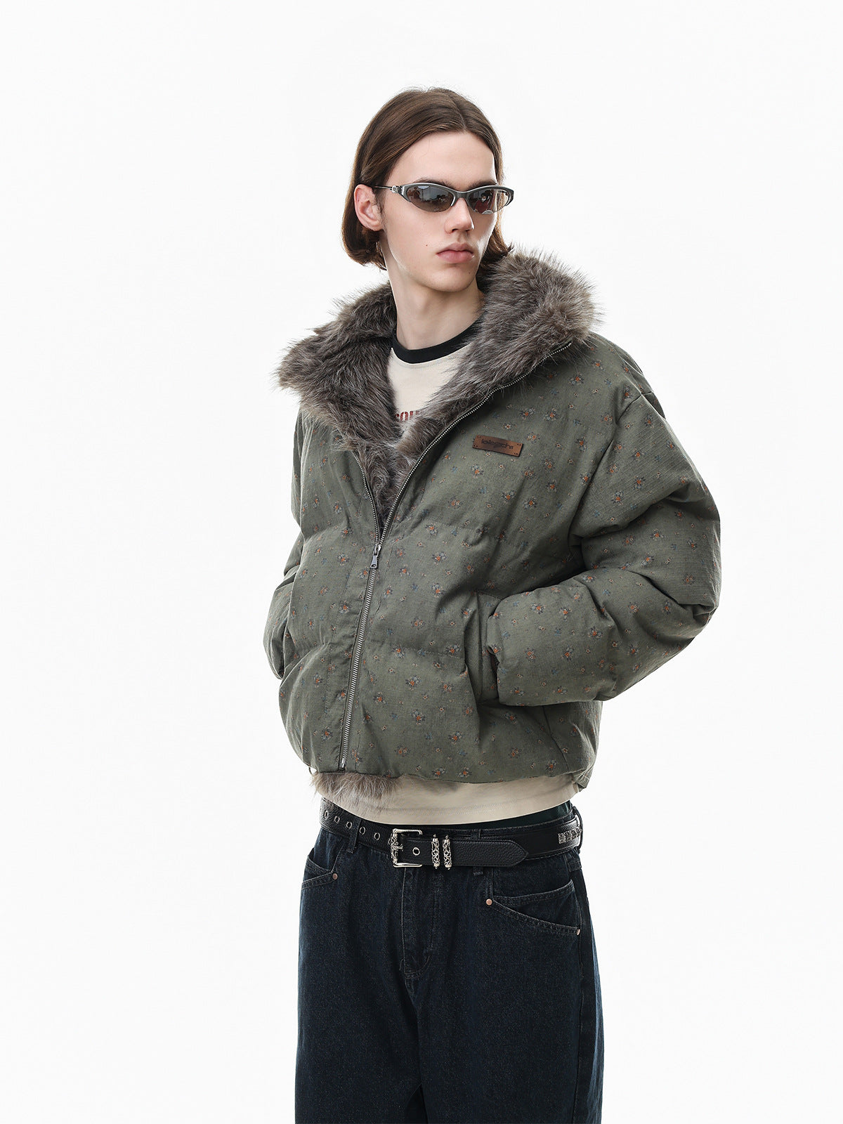 Floral Print Puffer Jacket with Faux Fur Collar – Cropped Fit Men's Winter Coat