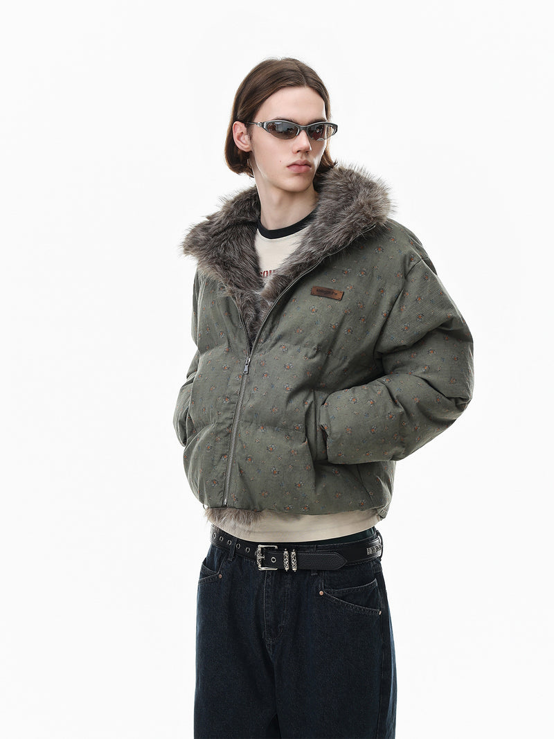 Floral Print Puffer Jacket with Faux Fur Collar – Cropped Fit Men's Winter Coat