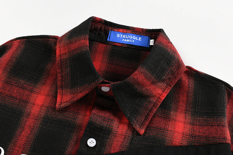 Plaid Patchwork Long Sleeve Shirt – Oversized Fit with Portrait Graphic Print