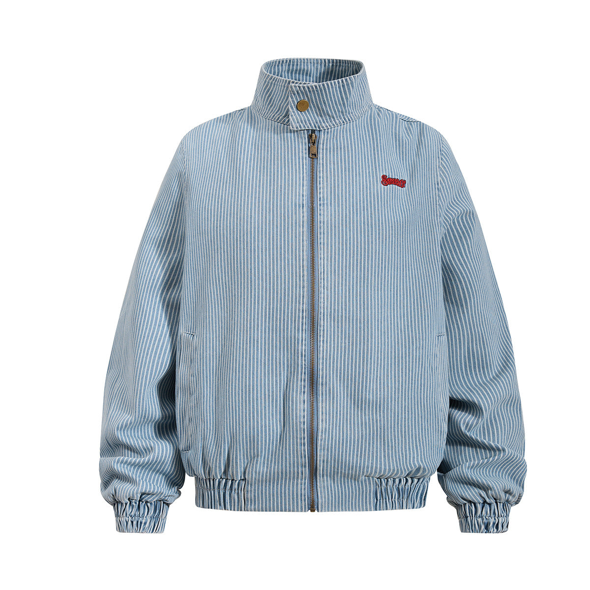 Boxy striped denim bomber jacket with stand collar and embroidered back graphic, front and back view
