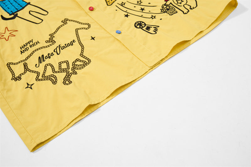 Cartoon Embroidered Short Sleeve Shirt – Oversized Streetwear Button-Up
