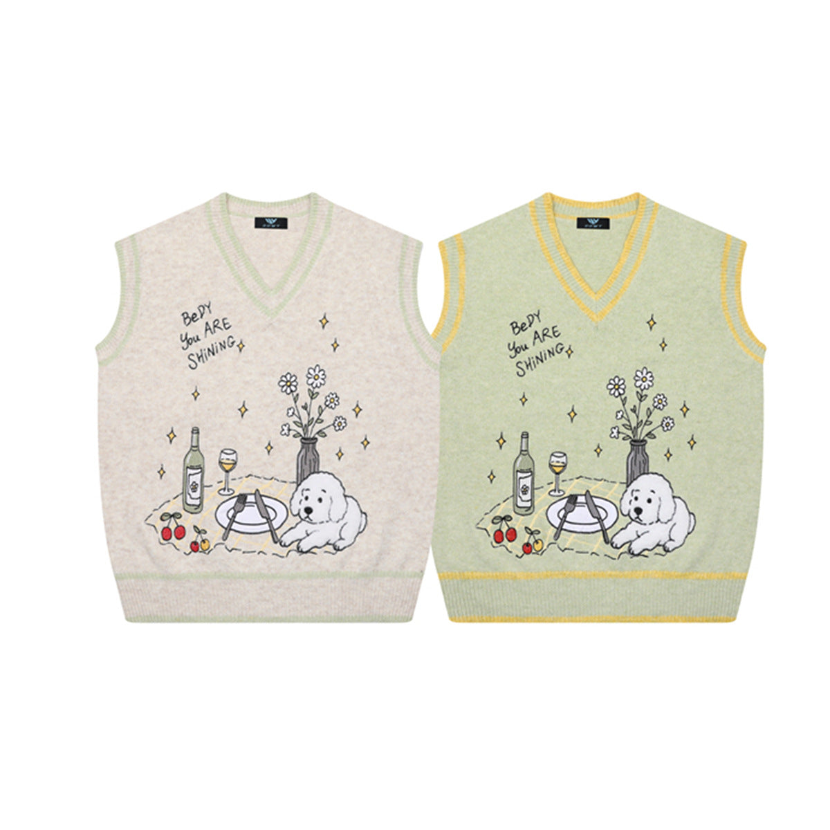 V-Neck Knit Sweater Vest with Cute Puppy Picnic Embroidery