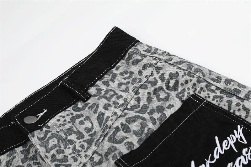 Leopard Print Wide-Leg Cargo Pants – Contrast Pocket Embroidered Streetwear Trou