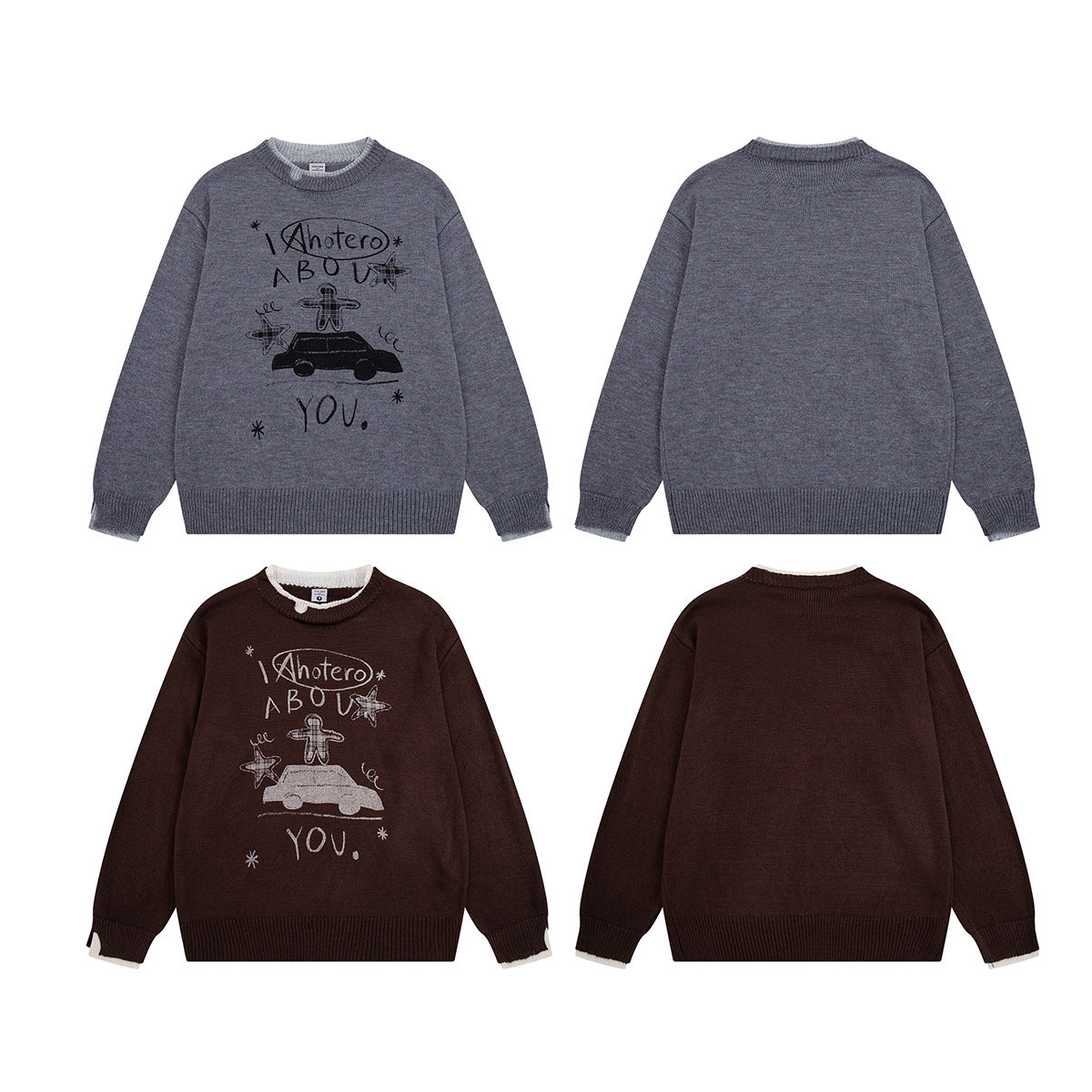 Crew Neck Graphic Knit Sweater – Retro American Campus Style