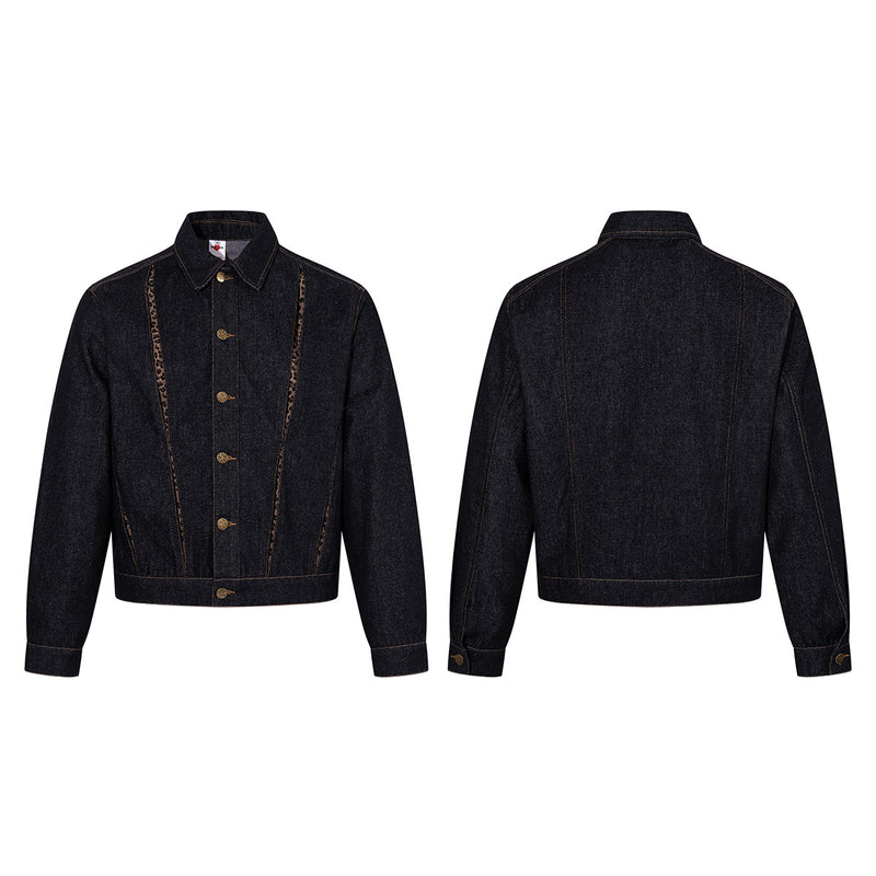Dark Denim Boxy Jacket with Leopard Print Inset Panels