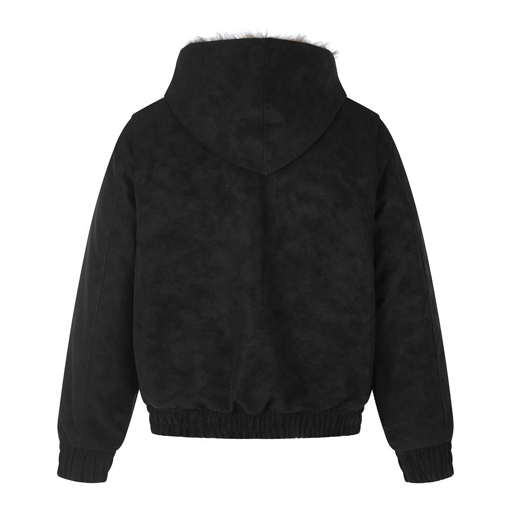 Men's Faux Fur-Lined Hooded Bomber Jacket – Double-Breasted PU Suede Winter Coat