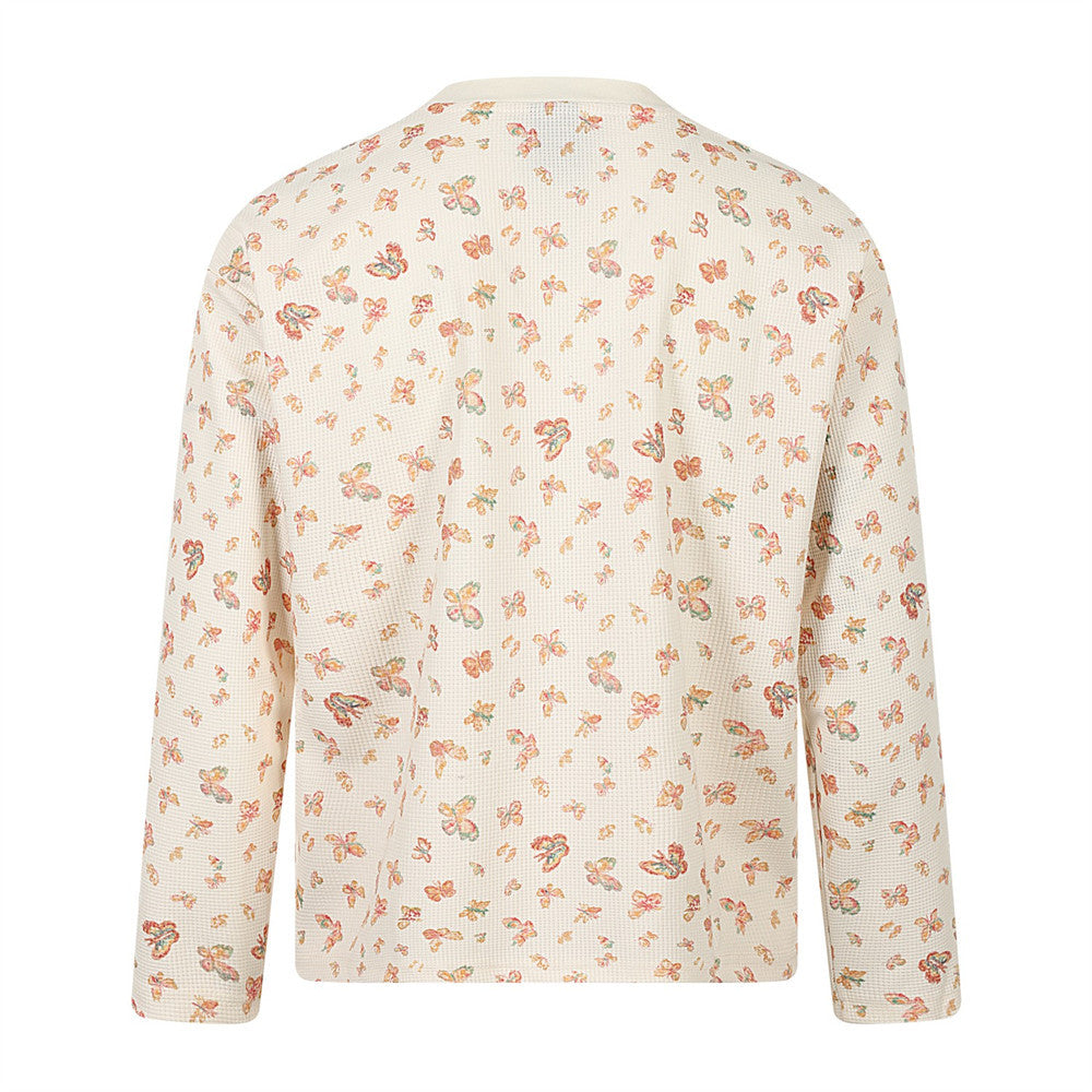 Butterfly Print Waffle Knit Long Sleeve Tee – Relaxed Fit Crew Neck