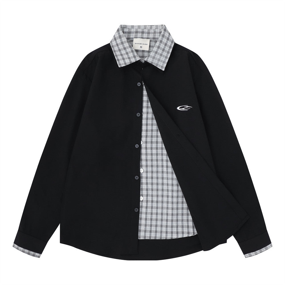 Men's Faux Two-Piece Plaid Collar Long Sleeve Shirt – Double-Layer Spliced