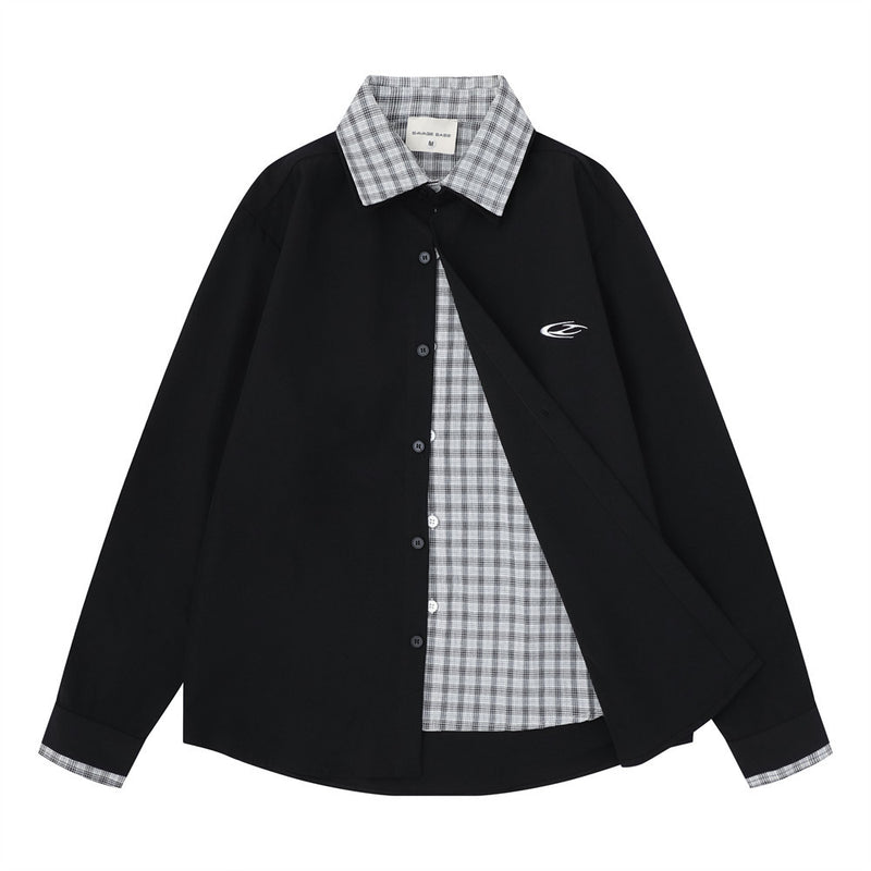 Men's Faux Two-Piece Plaid Collar Long Sleeve Shirt – Double-Layer Spliced
