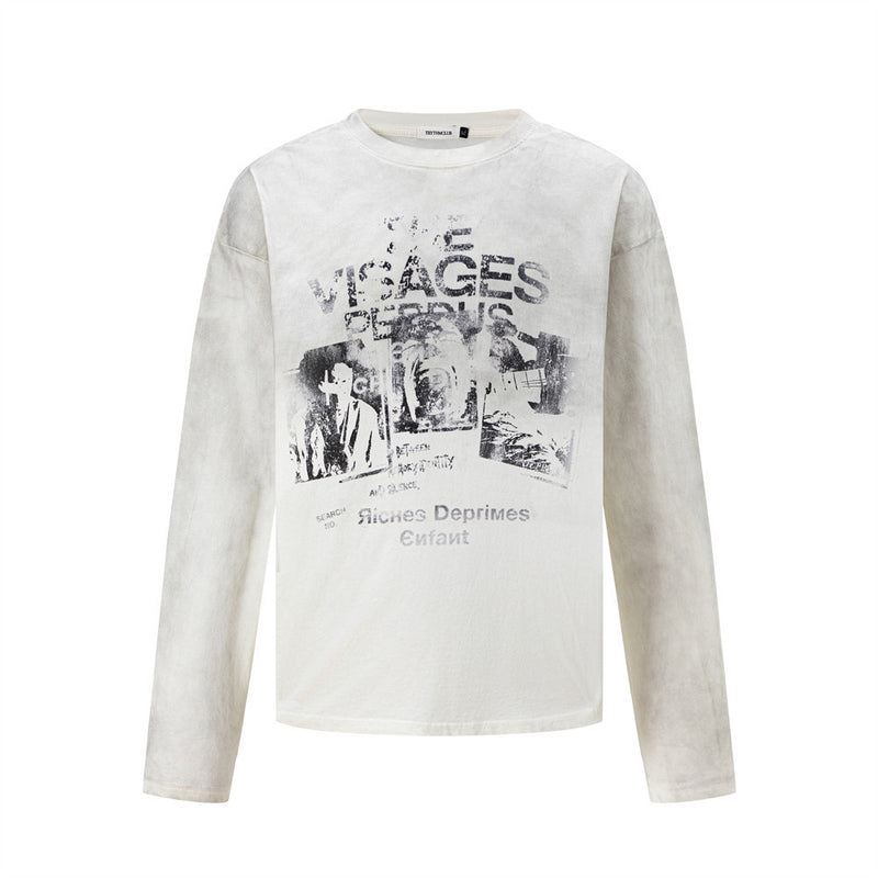 Long Sleeve Graphic Tee – Vintage American Distressed Print Crew Neck T-Shirt