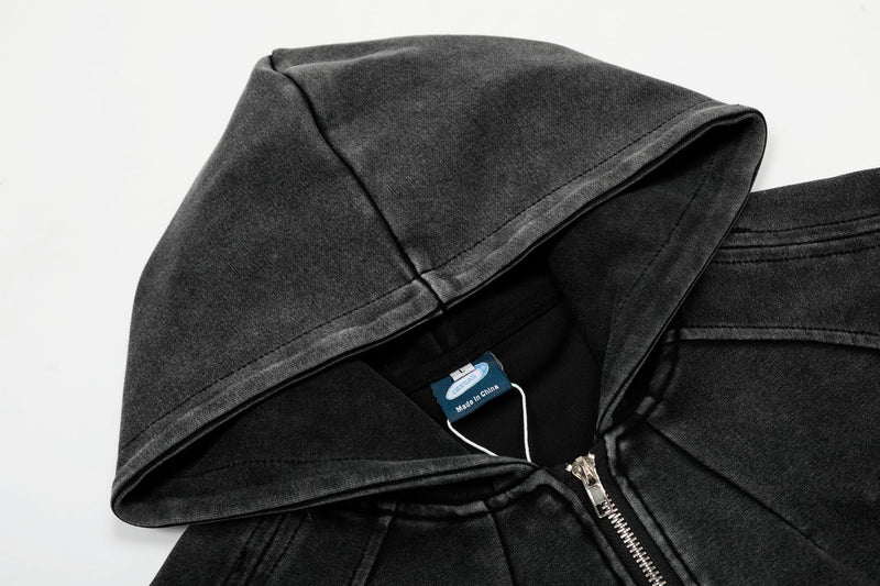Distressed Zip Up Hoodie – Deconstructed Bomber-Style Washed Fleece Jacket