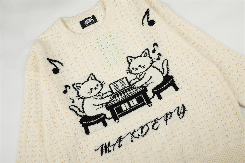 Pull homme en maille jacquard chat cartoon au piano – Pull à col rond et coupe décontractée