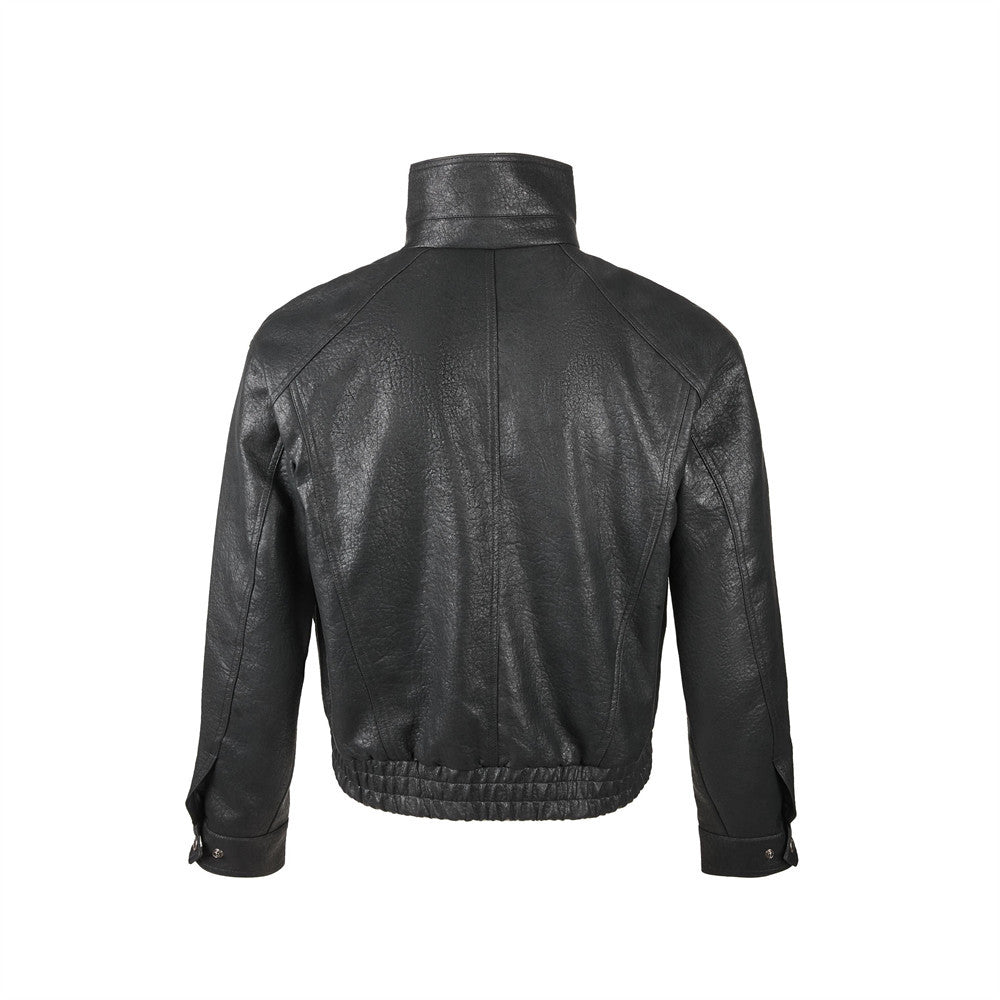 Men's Brown Leather Jacket PU Moto-Style High Collar Snap Button Bomber