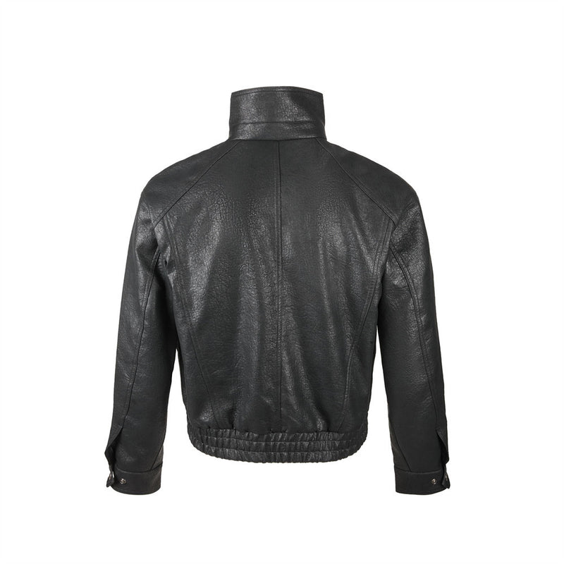 Men's Brown Leather Jacket PU Moto-Style High Collar Snap Button Bomber