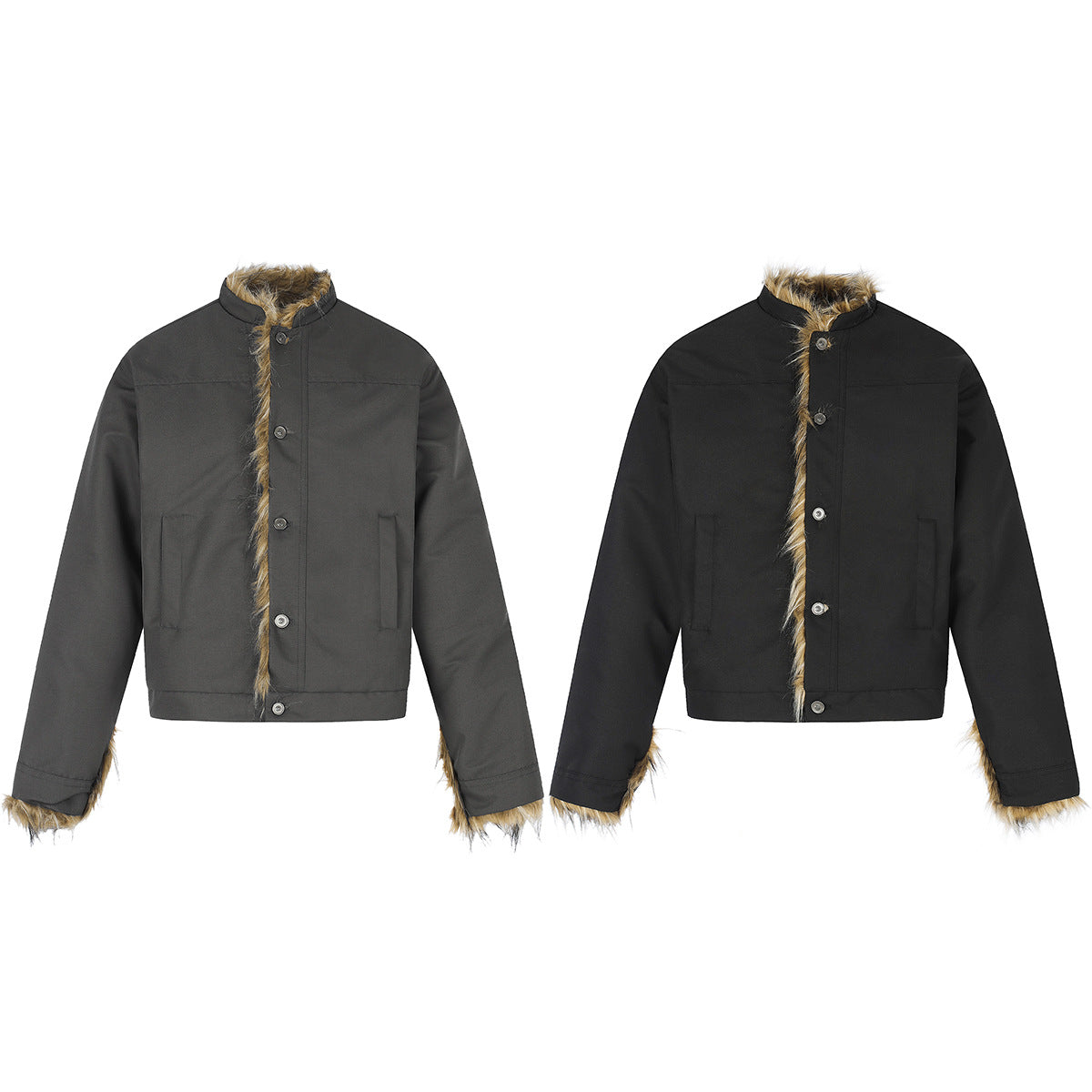 Faux Fur Trim Padded Jacket with Stand Collar & Button Front