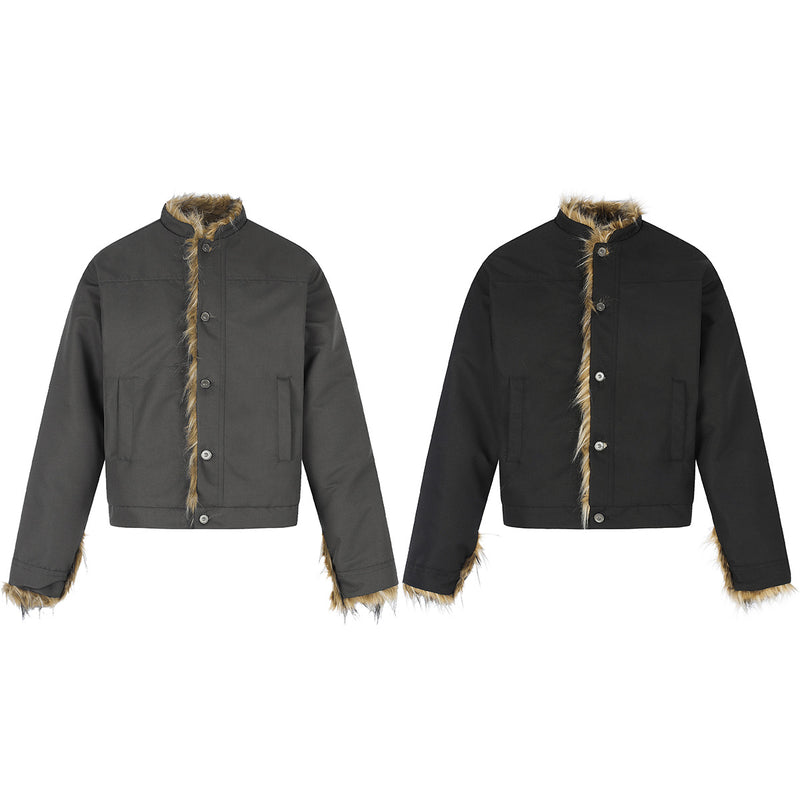 Faux Fur Trim Padded Jacket with Stand Collar & Button Front