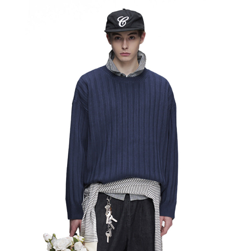 Ribbed Knit Crewneck Sweater — Oversized Fit, Solid Color
