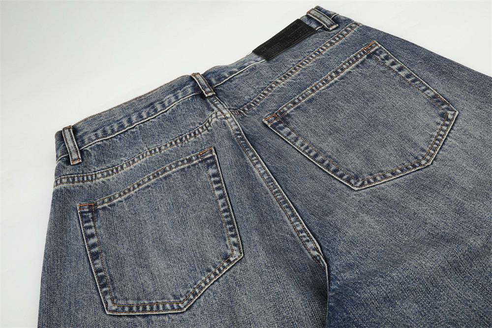 Wide-Leg Jeans Button-Fly Vintage Washed Distressed Denim