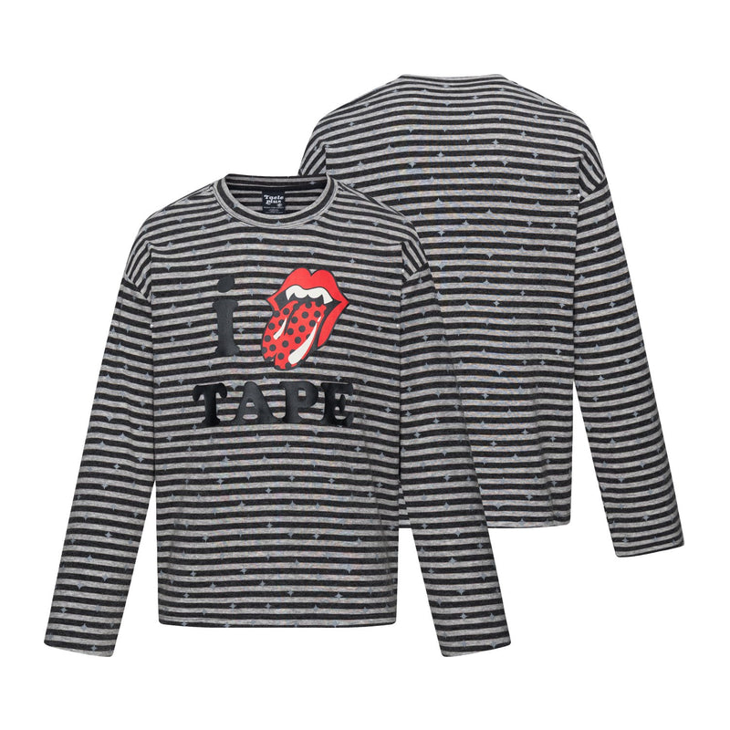 Langarmshirt mit Streifen und Sternprint sowie Rock-Lippen-und-Zunge-Grafik
