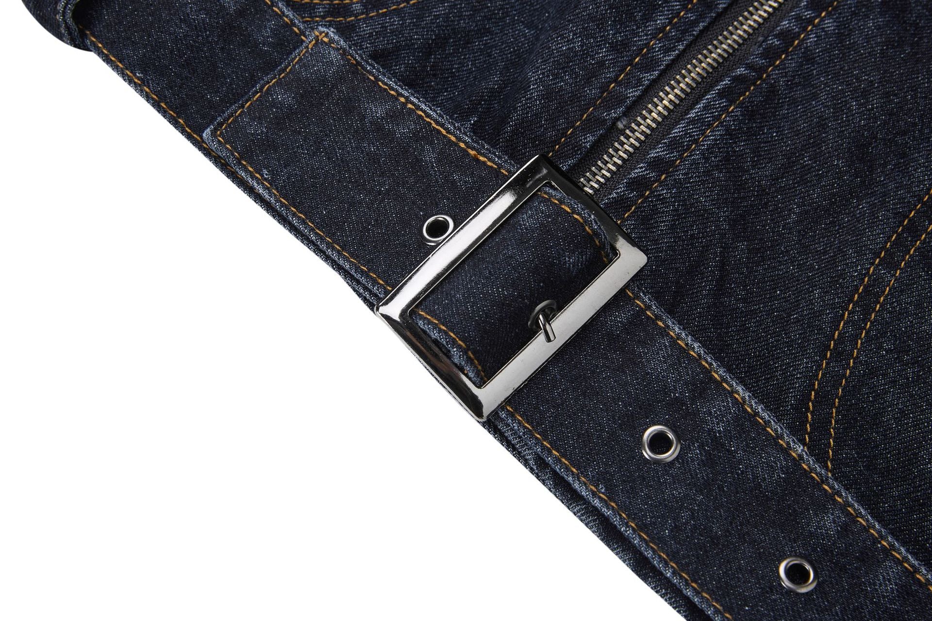 Veste biker moto en denim – Col montant indigo foncé, poches zippées et base ceinturée
