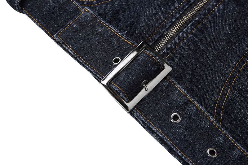 Veste biker moto en denim – Col montant indigo foncé, poches zippées et base ceinturée