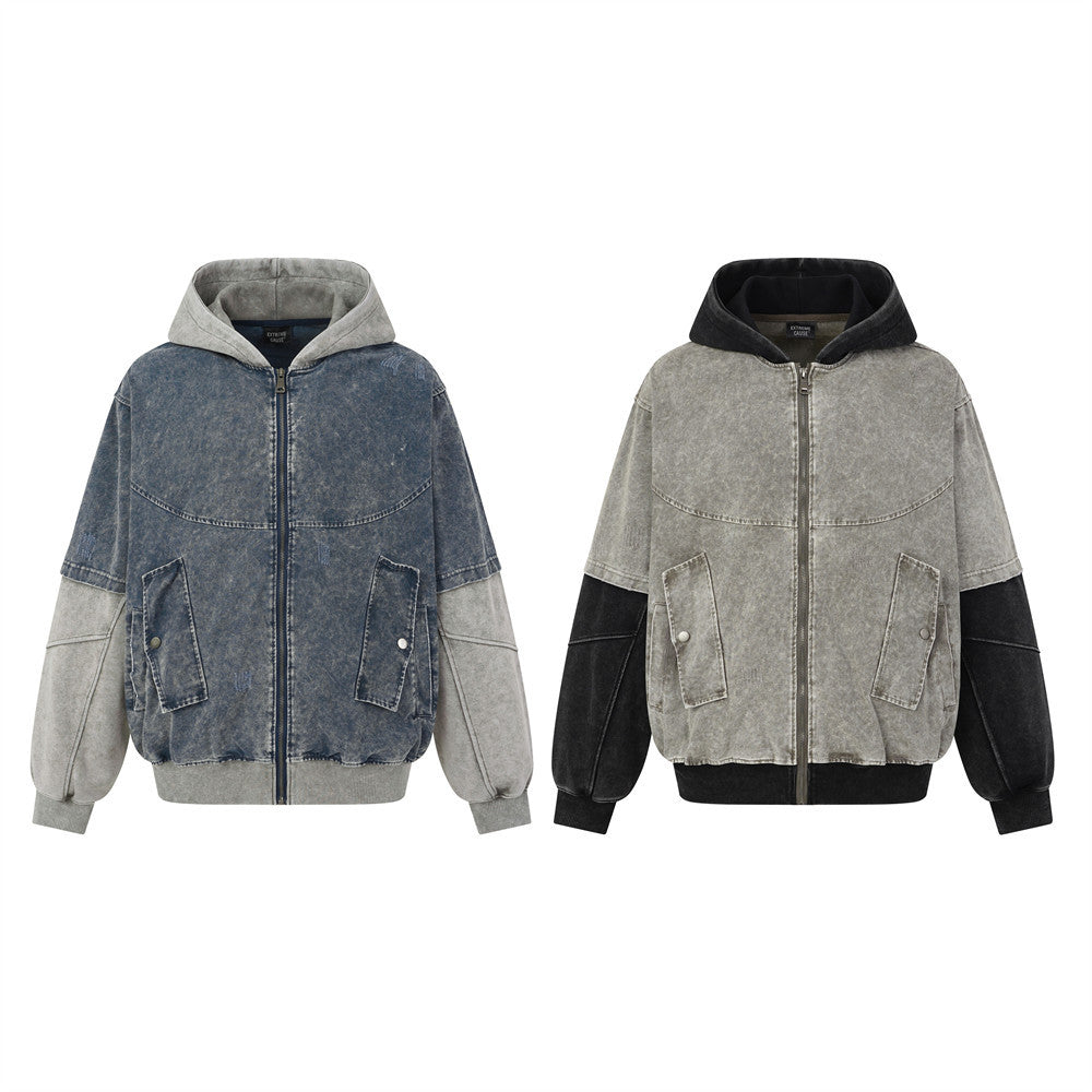 Veste à capuche homme – Bomber en denim délavé bicolore avec effet deux-pièces