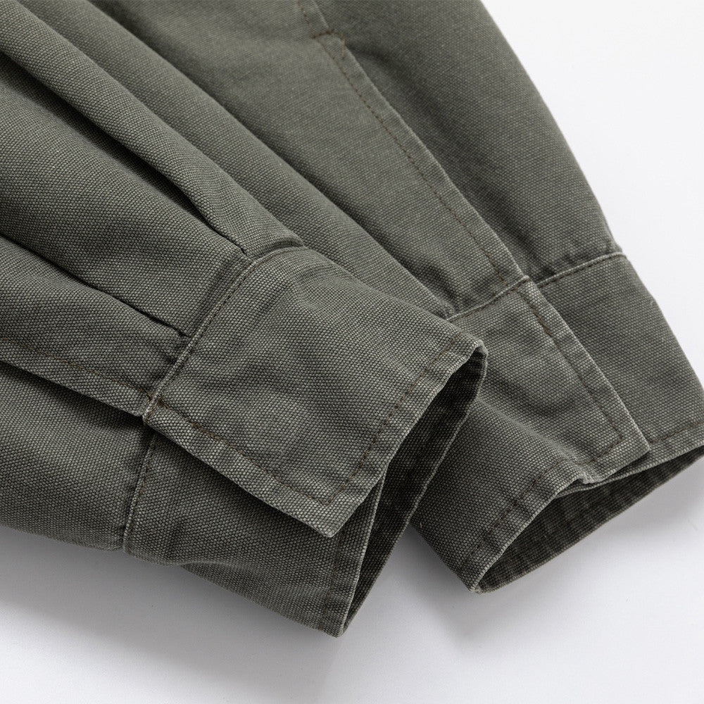 Men's Olive Military Field Jacket – Star Studs, Multi-Pocket, Drawstring Waist