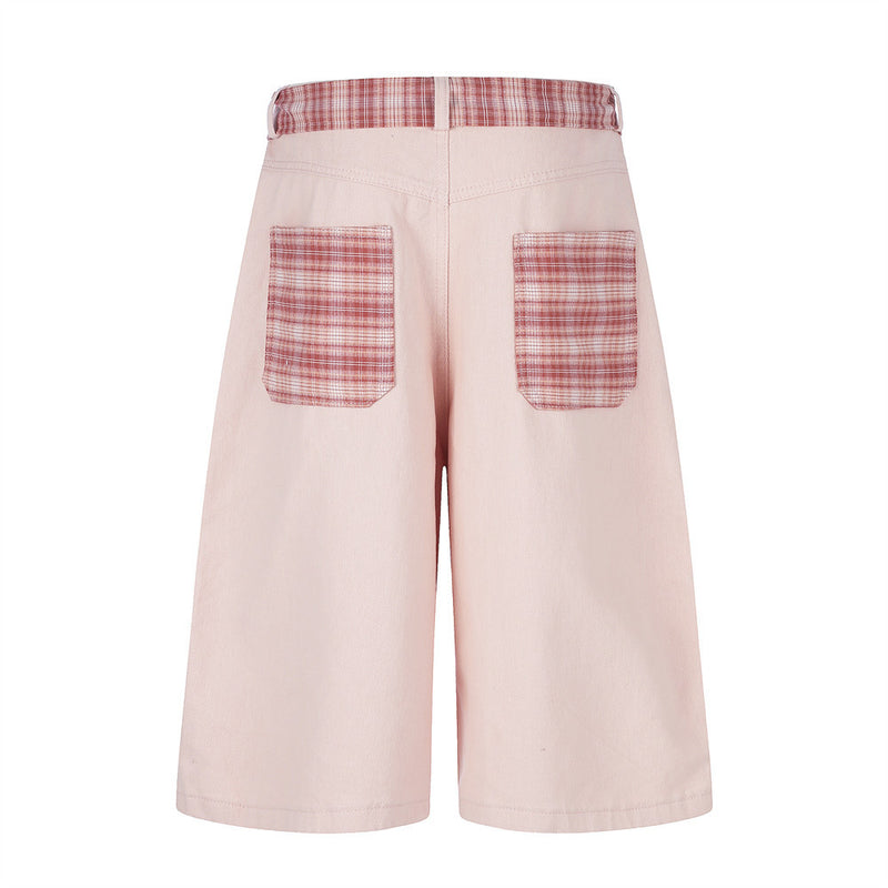 Cartoon Embroidery Wide-Leg Shorts with Plaid Tie Detail