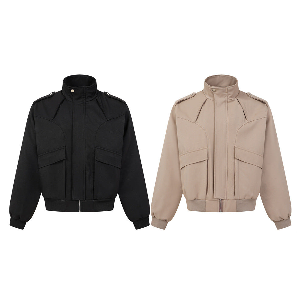 Blouson bomber oversize à col montant, pattes d'épaule et poches cargo, disponible en noir et kaki