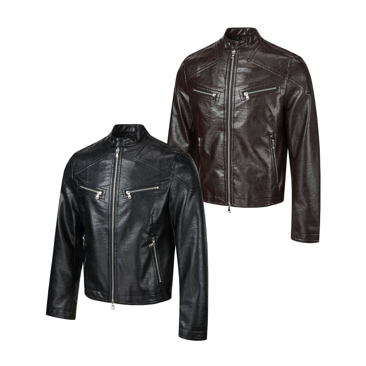 Faux Leather Moto Biker Jacket – Stand Collar with Zip Pockets