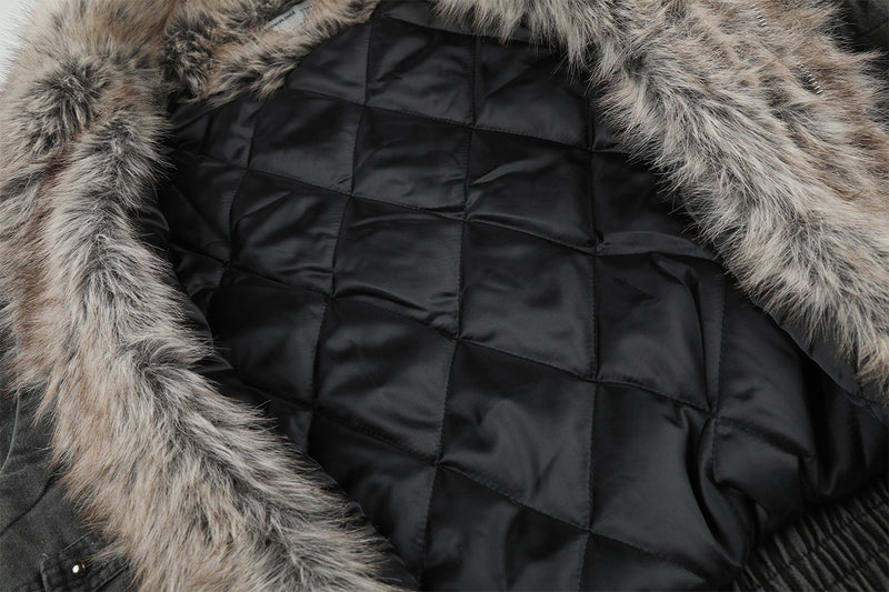 Faux Fur Collar Padded Bomber Jacket – Oversized Cotton Shell