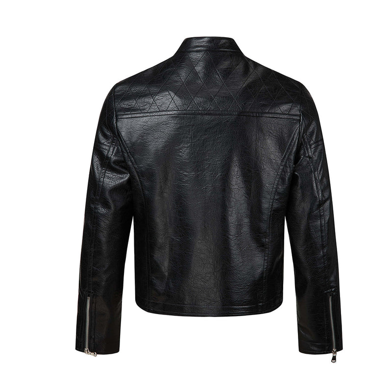 Faux Leather Moto Biker Jacket – Stand Collar with Zip Pockets