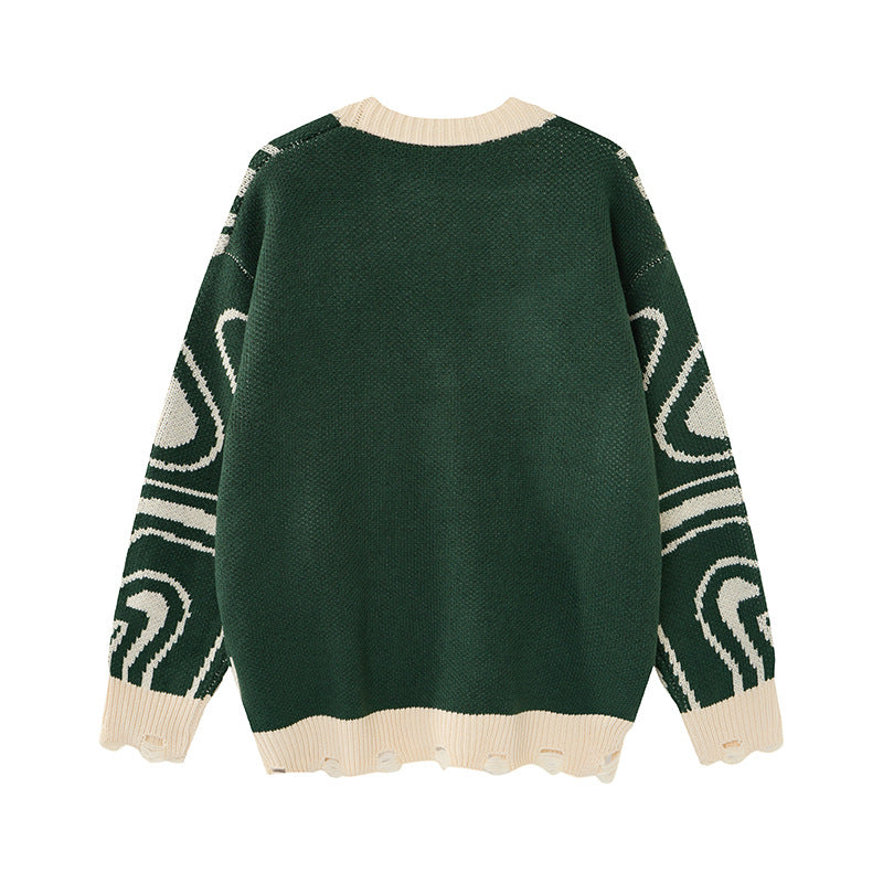 Abstrakter Wirbel-Strickcardigan – Oversized Pullover mit V-Ausschnitt und Knopfleiste