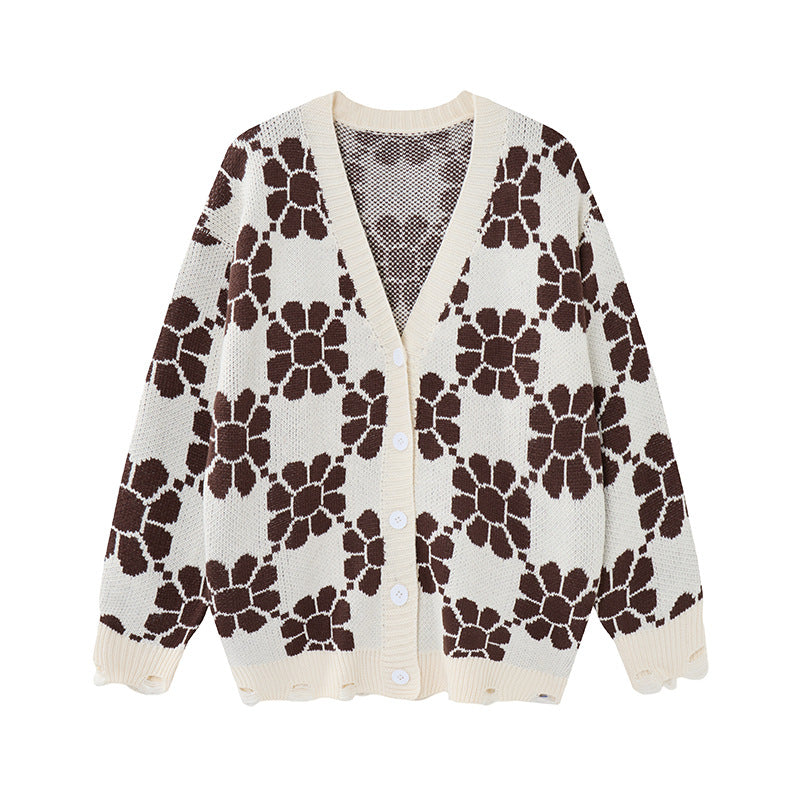 Cardigan-pull en maille à carreaux fleuris et col V – Bas oversize effiloché
