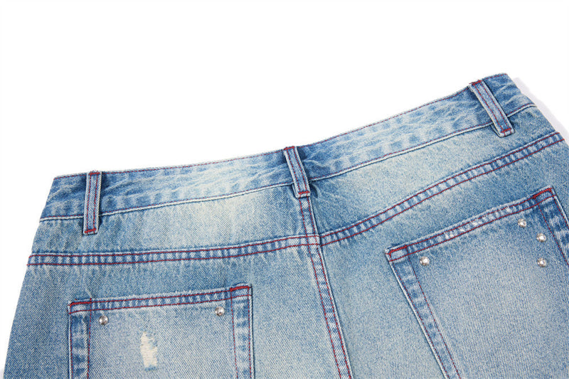 Men's Distressed Wide-Leg Flare Jeans with Stud Details – Washed Blue
