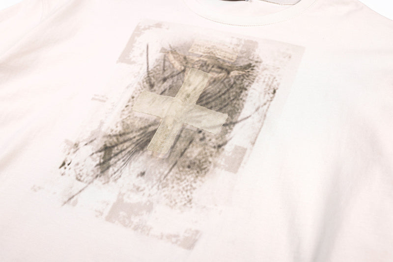 Long Sleeve White Shirt with Vintage Cross Graphic Print – Washed Crew Neck Tee