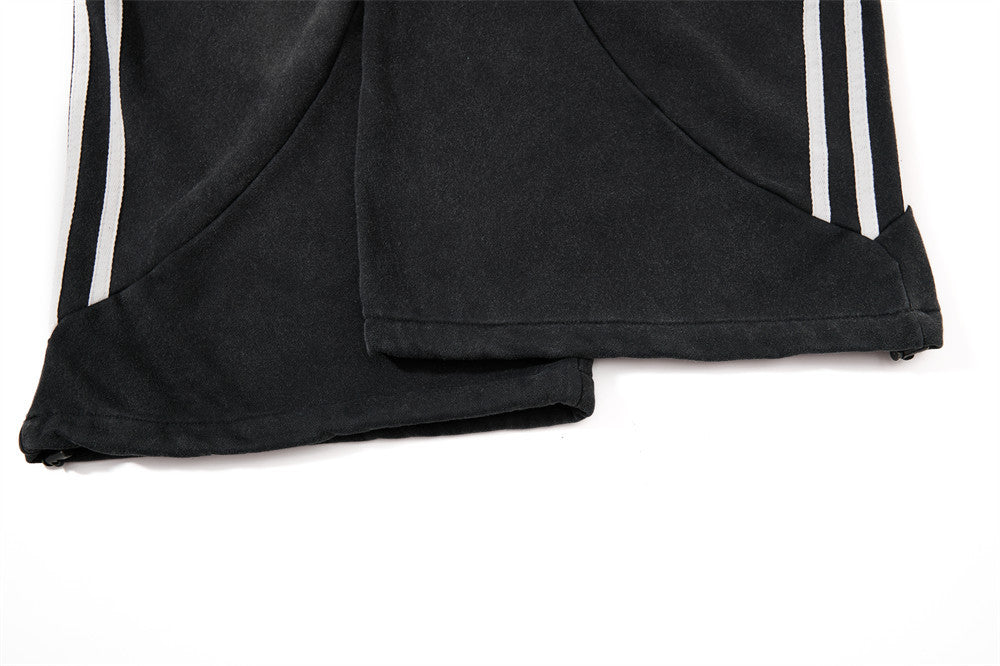 Baggy Wide-Leg Sweatpants – Black Vintage Graphic with Side Stripe Detail
